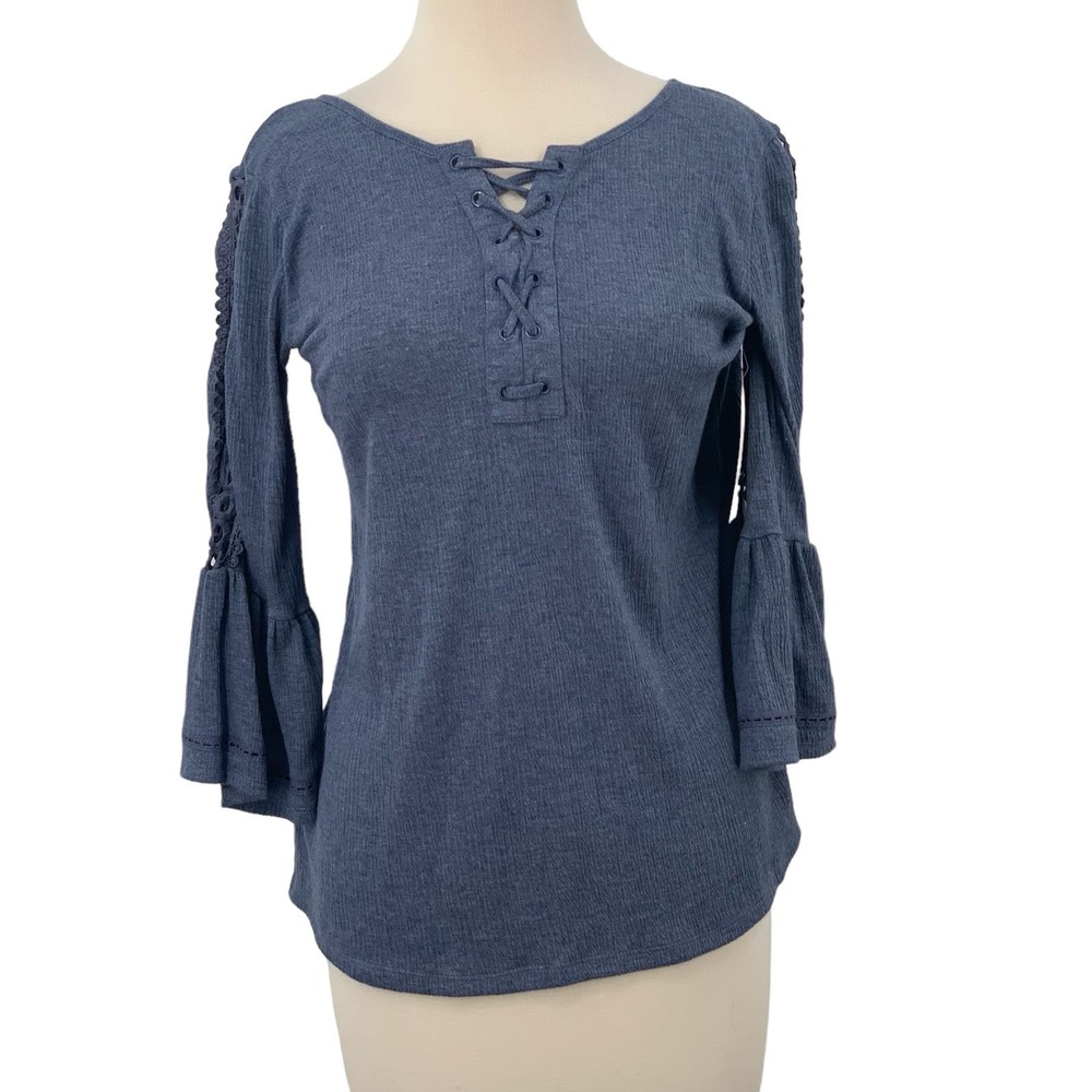 NWT French Laundry 3/4 Bell Sleeve Pullover Lace Up‎ Top Blue Embroidered Size S